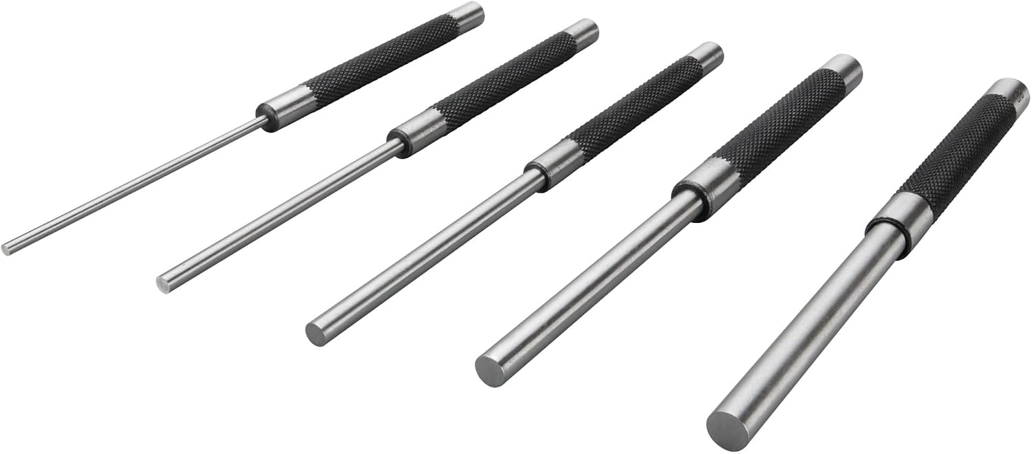 Performance Tool W758 5-Piece 8 in. Long Pin Punch Set | Carbon steel construction with hardened tips. Knurled handles for sure grip. Reaches deeply set pins