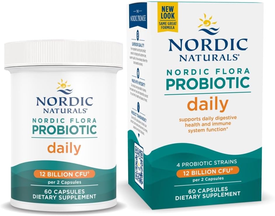 Nordic Naturals Nordic Flora Probiotic Daily, Immune Support - 60 Count | 4 strains, 12 billion CFU. Supports immune health, digestive wellness & optimal gut function. Vegan, Non-GMO. 30 servings.
