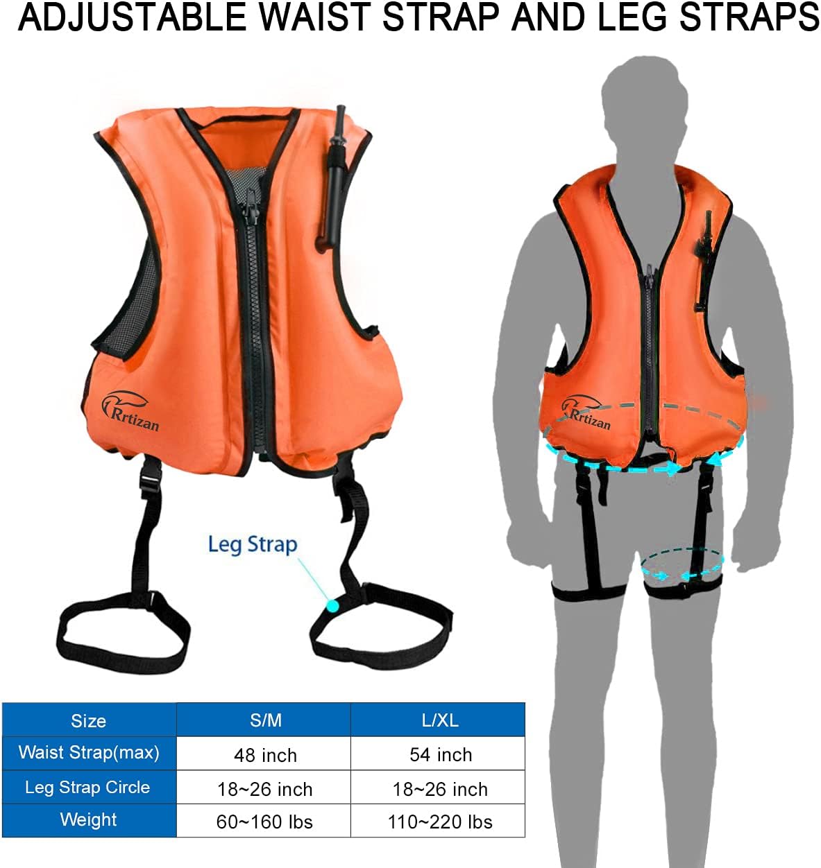 Rrtizan Inflatable Snorkel Vest for Adult, Travel Snorkeling Vest for Swimming, Snorkeling, Paddleboarding, Swim Vest Adult Suitable for 90-220lbs