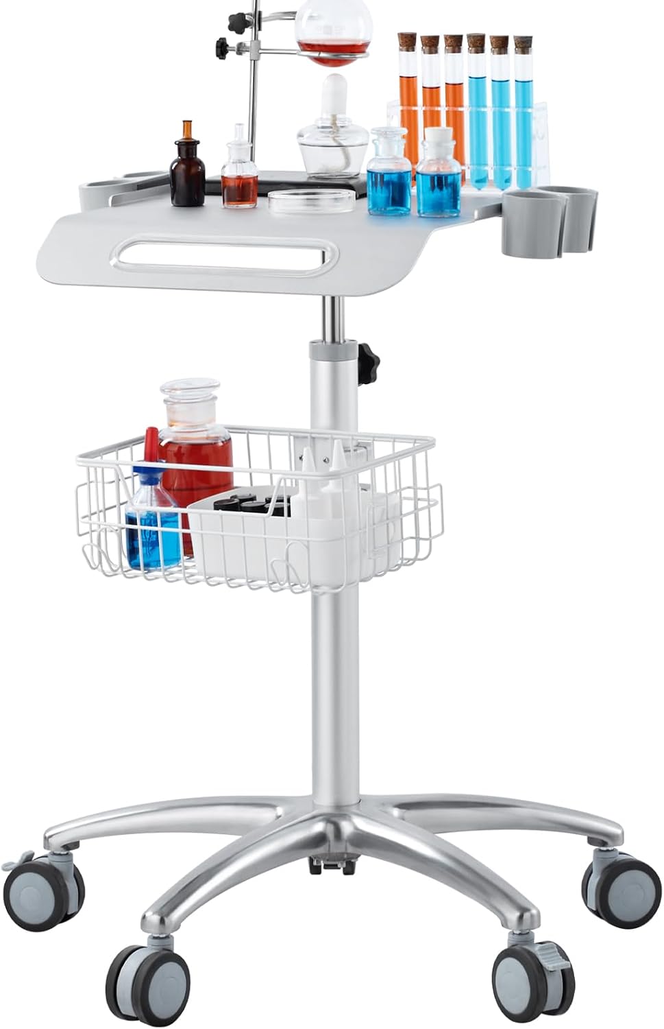 VEVOR Medical Trolley with Wheels - Height Adjustable Gas Lift, Large Tabletop 19"×17", Stainless Steel Rolling Laptop Cart with Storage Basket
