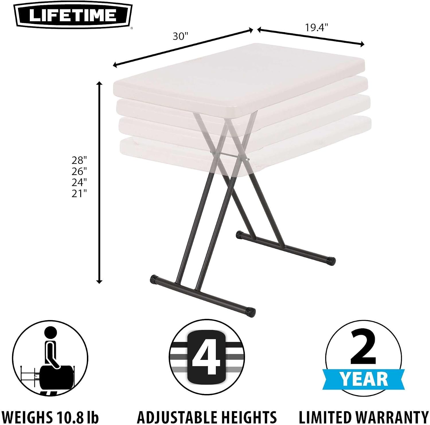 LIFETIME 80251 Adjustable Folding Laptop Table TV Tray, 26 Inch, White Granite
