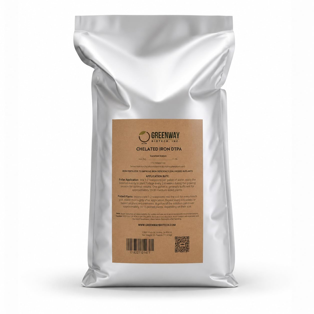 Greenway Biotech, Inc. Chelated Iron DTPA 11% - for Alkaline Soils (pH 4.0-7.5) - 100% Water Soluble Fertilizer for Citrus, Lawns & Hydroponics - Corrects Iron Chlorosis - Made in USA - 1 Pound