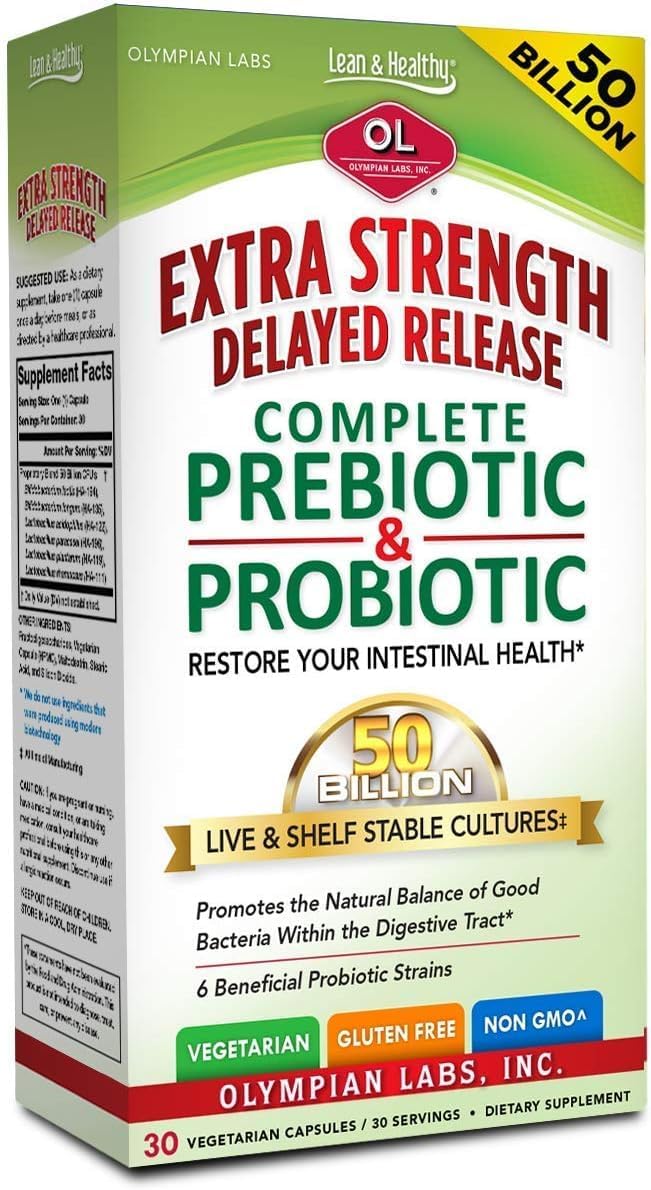 Olympian Labs Complete Prebiotic and Probiotic Supplement - 25 Billion Live Shelf Stable Cultures - 30 Vegetarian Capsules, Helps Restore the Natural Balance Within the Digestive Tract.