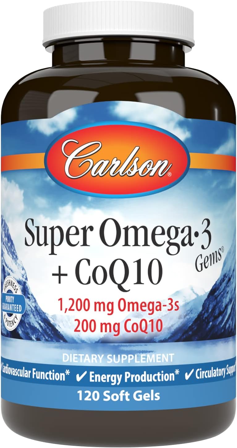 Carlson Super Omega-3 Gems + CoQ10, 1200 mg, Omega-3s, 60 Softgels | 200 mg CoQ10; Norwegian; Wild Caught; Sustainably Sourced