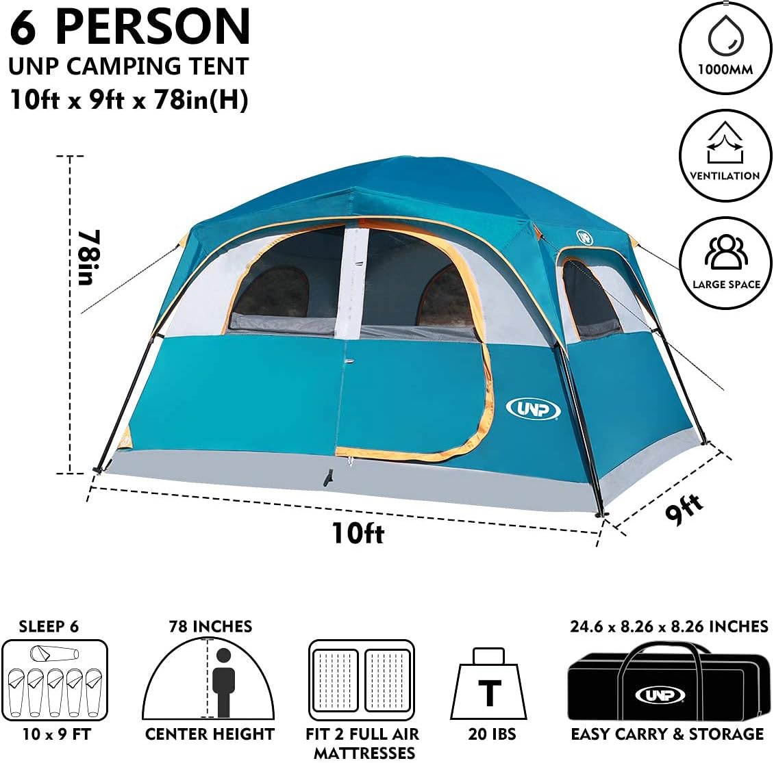 UNP 6 Person Tents for Camping Waterproof Family Cabin Tent with Rainfly