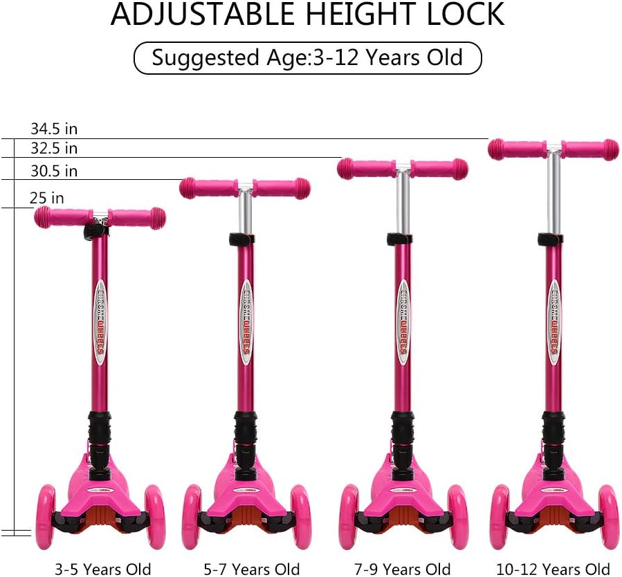 ChromeWheels Foldable Scooters for Kids, Deluxe Kick Scooter 4 Adjustable Height 132lbs Weight Limit 3 Wheel, Lean to Steer LED Light Up Wheels