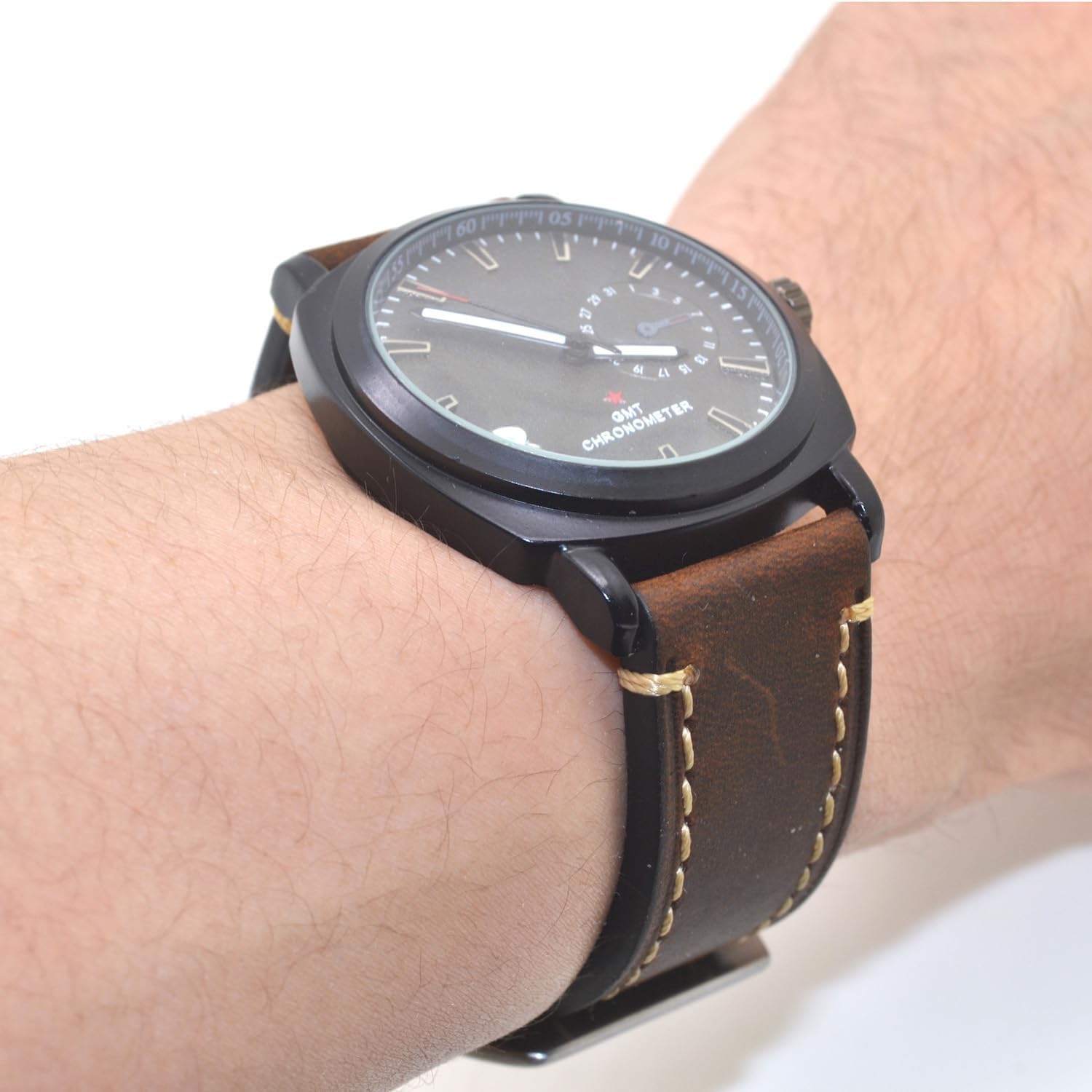 Dark Brown 22mm Genuine Leather Wristwatch Watch Band Oil Tan Vintage Strap for Men with Stainless Buckle