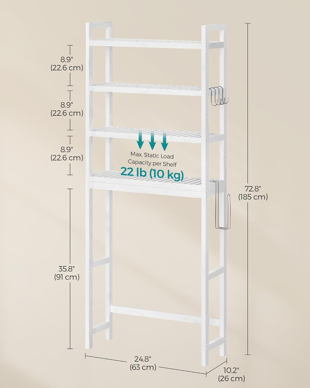 SONGMICS Over The Toilet Storage, 3-Tier Over Toilet Bathroom Organizer with Adjustable Shelf, 10.2 x 24.8 x 66.9 Inches, Space-Saving, Cloud White UBTS01WT