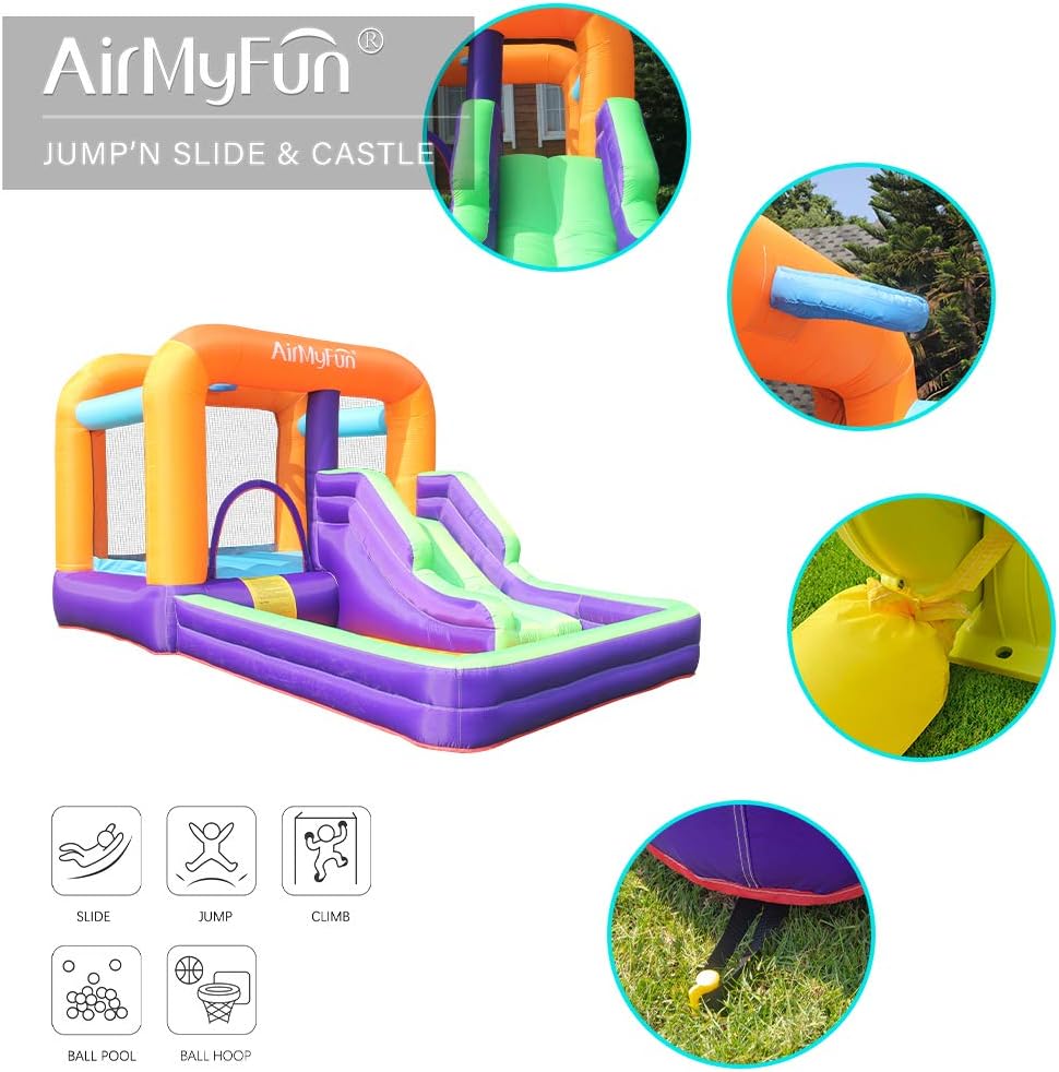 AirMyFun Inflatable Bounce House, Obstacles Bouncer & Slide with Air Blower (Purple Style)