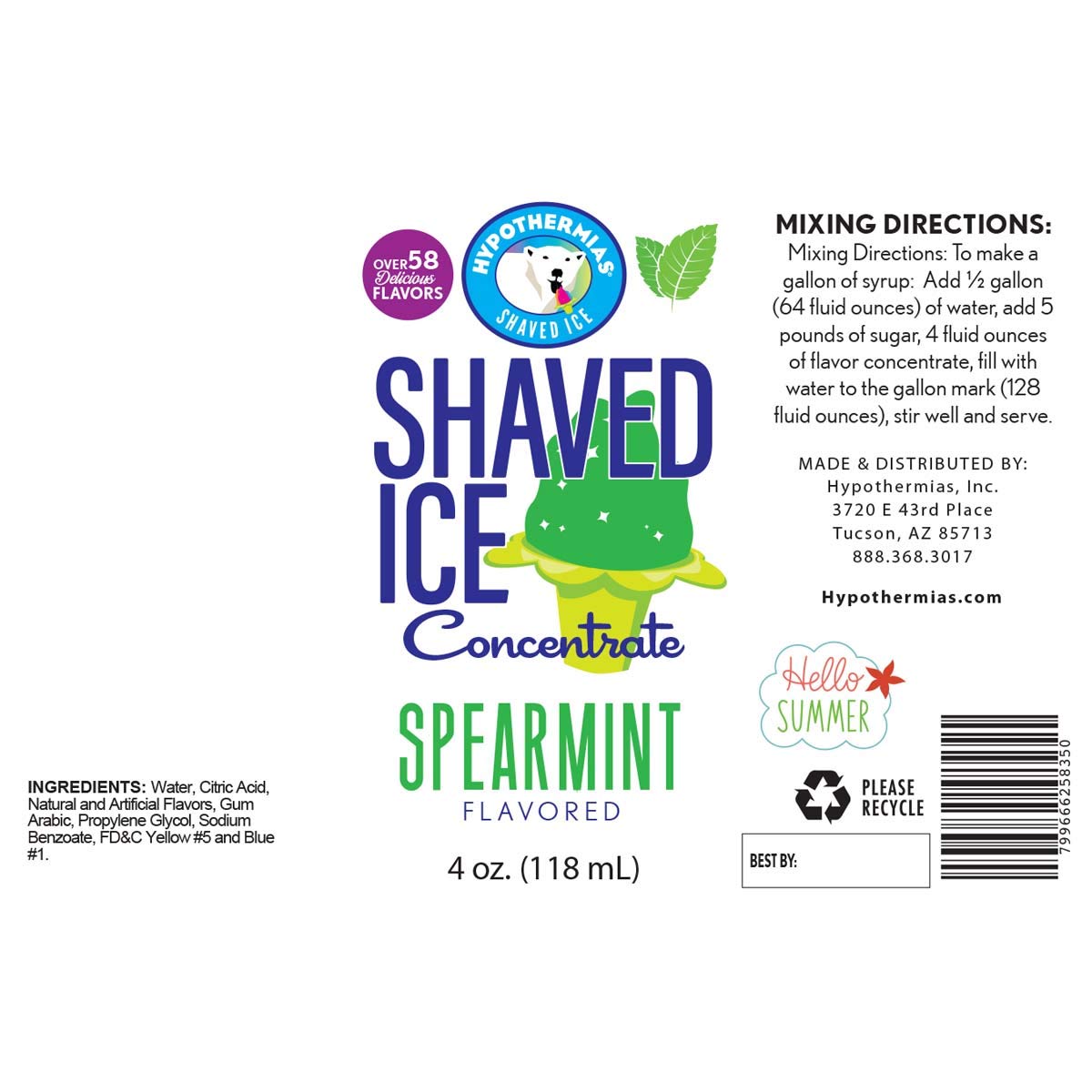 Hypothermias Shaved Ice and Snow Cone Syrup Unsweetened Flavor Concentrate - 4 Fl Oz - Makes 1 Gallon of Ready to Use Syrup - Spearmint - Must Add