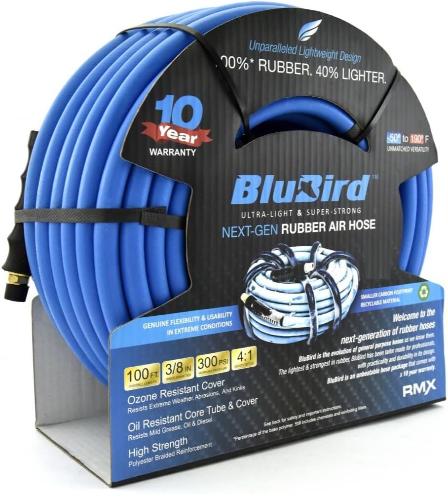 BLUBIRD BB3850 3/8" x 50' Rubber Air Hose, 100% Rubber, Lightest, Strongest, Most Flexible, 300 PSI, 50F to 190F Degrees, Ozone Resistant, High Strength Polyester Braided | High-Performance Pneumatic Hose for Automotive Construction & Industrial, Durable…