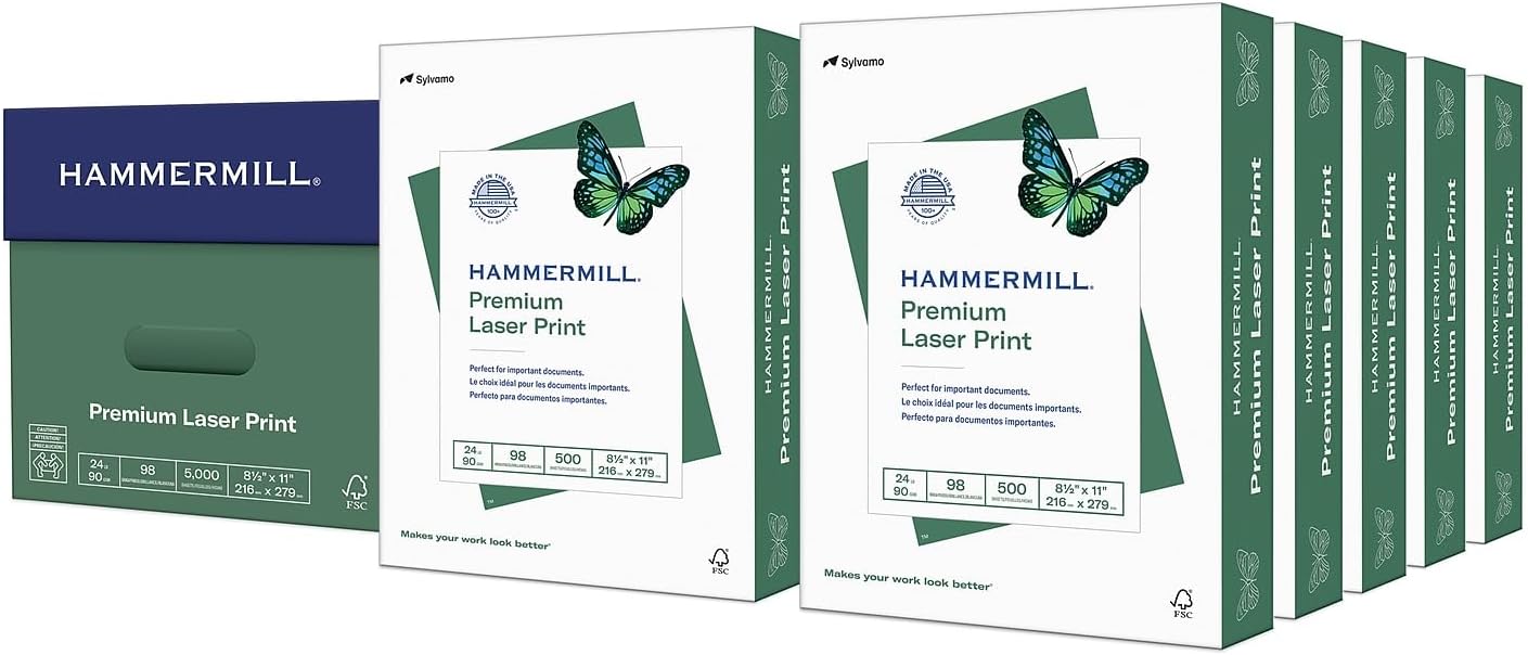 Hammermill Printer Paper, Premium Laser Print 24 lb, 8.5 x 11-5 Ream (2,500 Sheets) - 98 Bright, Made in the USA, 104640C
