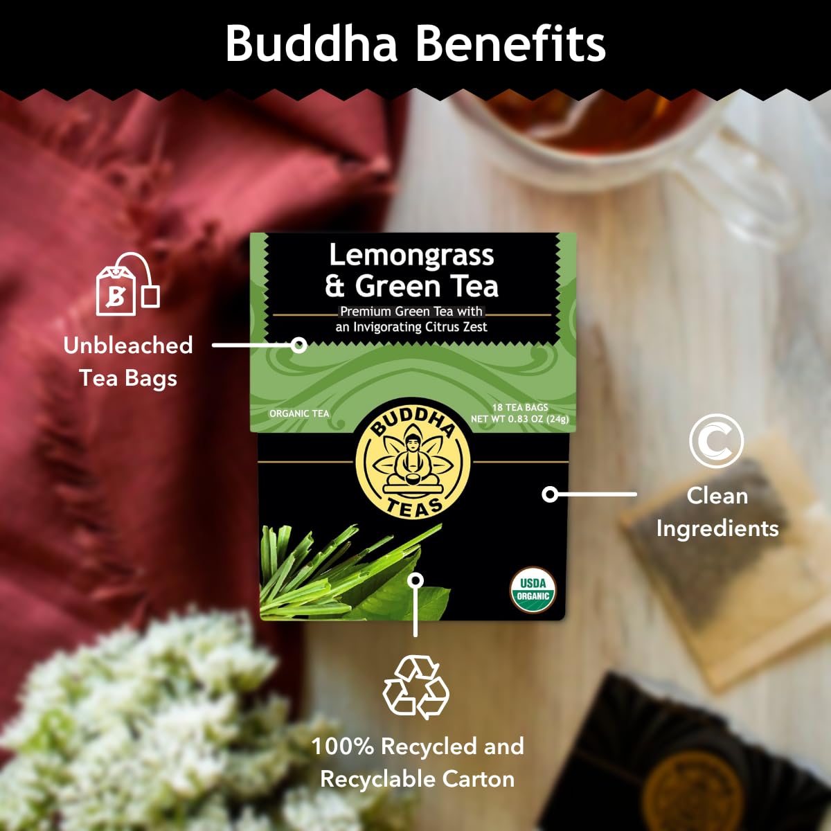 Buddha Teas - Organic Sencha Green Tea - For Health & Wellbeing - Japanese Green Tea - With Antioxidants & Minerals - Clean Ingredients - Caffeinated - OU Kosher & Non-GMO - 18 Tea Bags (Pack of 1)