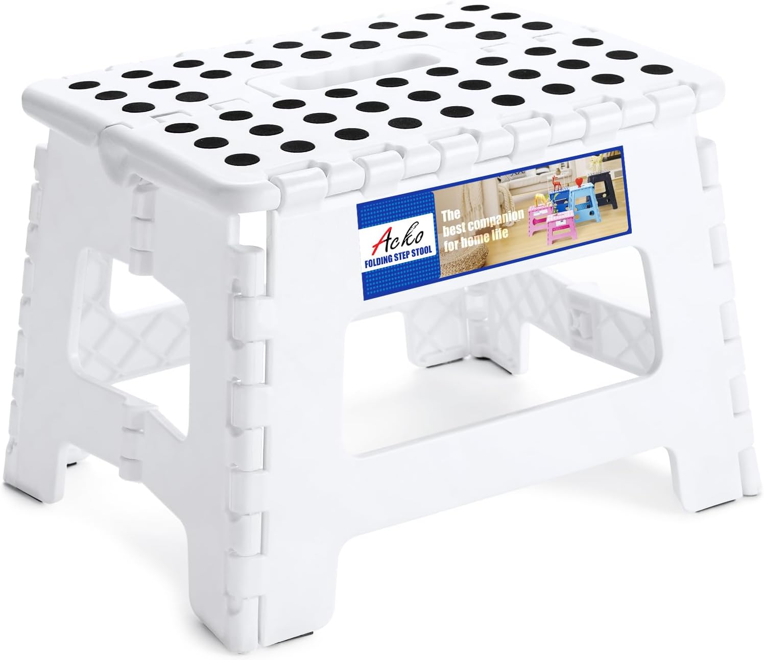 ACKO 13 Inch Folding Step Stool, Holds 300 lb for Adults and Kids, Black | Collapsible Heavy Duty Foldable Stools, Portable Non-Slip Foot Stepping stool, Kitchen Bathroom Bedroom Outdoor with Handle