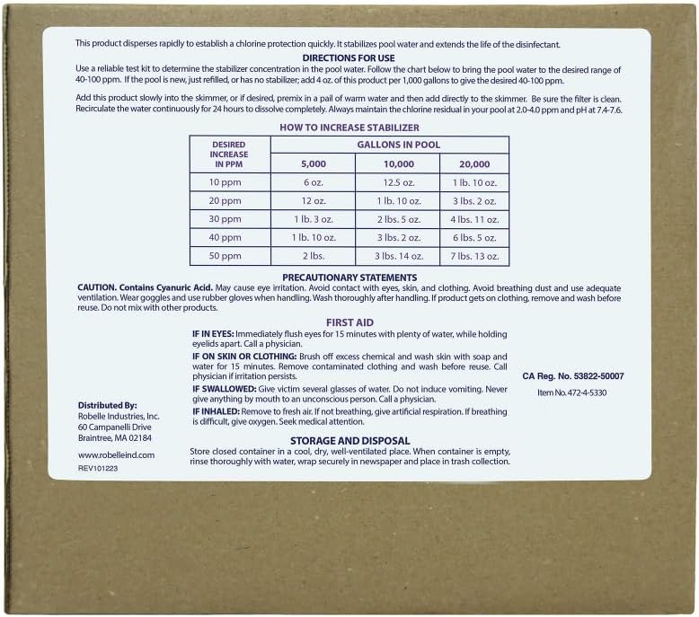 Robelle 4-Pounds Premium Chlorine Stabilizer and Conditioner | Concentrated Cyanuric Acid for Pools, Pool Stabilizer, Helps Chlorine Last Longer, 6 oz raises CYA 10 ppm per 5,000 gallons