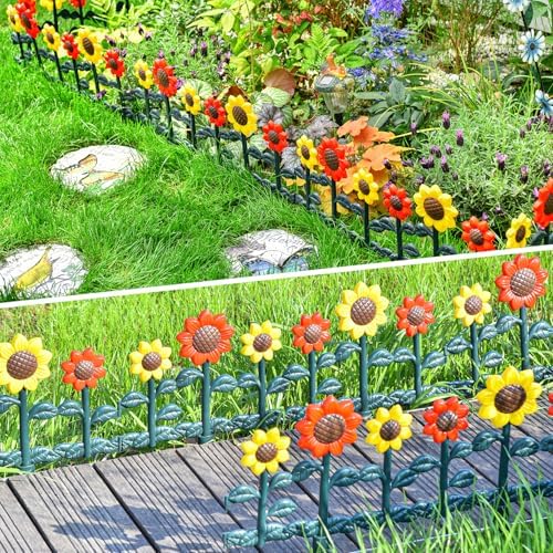 Sungmor Plastic Garden Picket Fence Edging, Sunflower Decor Lawn Flower Bed Border Panels, 4 Pack Total 98 Inches Length