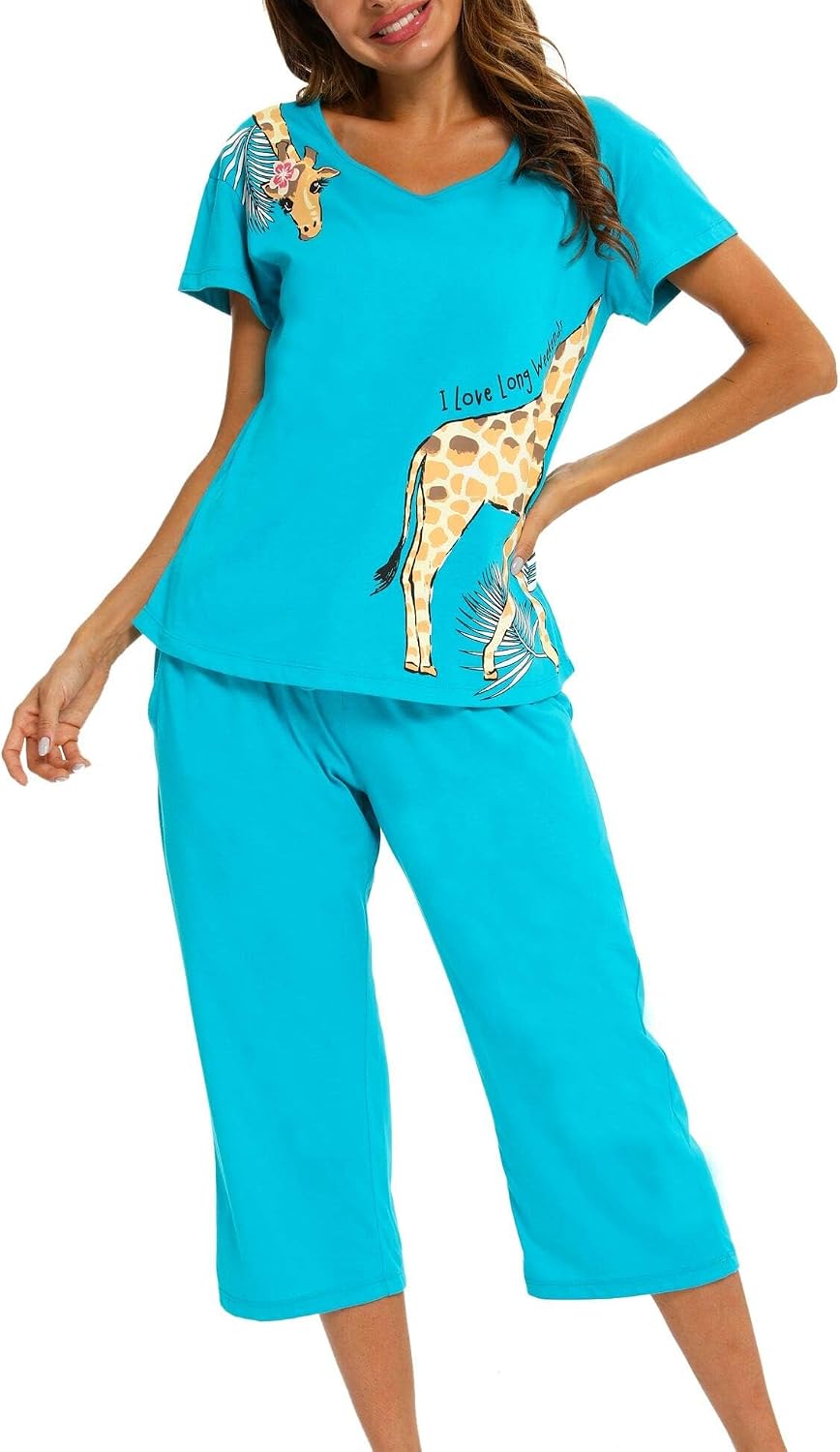 ENJOYNIGHT Womens Pajama Set Cotton Short Sleeve Top With Capri Pants Pj