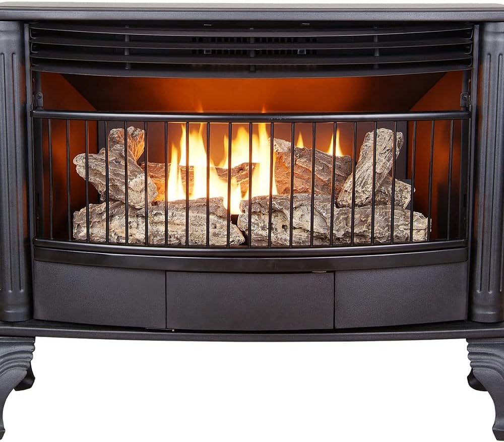 ProCom Ventless 25,000 BTU Space Saving Free Standing Dual Fuel Fireplace with Built In Thermostat Control Heats up to 1,100 Square Feet, Black
