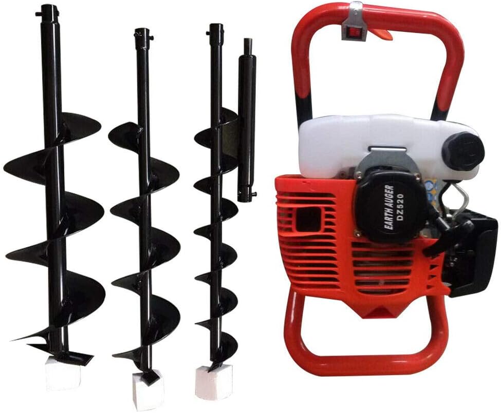 52CC Auger Post Hole Digger 2-Stroke Gas Powered Earth Auger Digger 1700W Gasoline Garden Fence Plant Soil Digging Tool with 3pcs Drill Bit Set and
