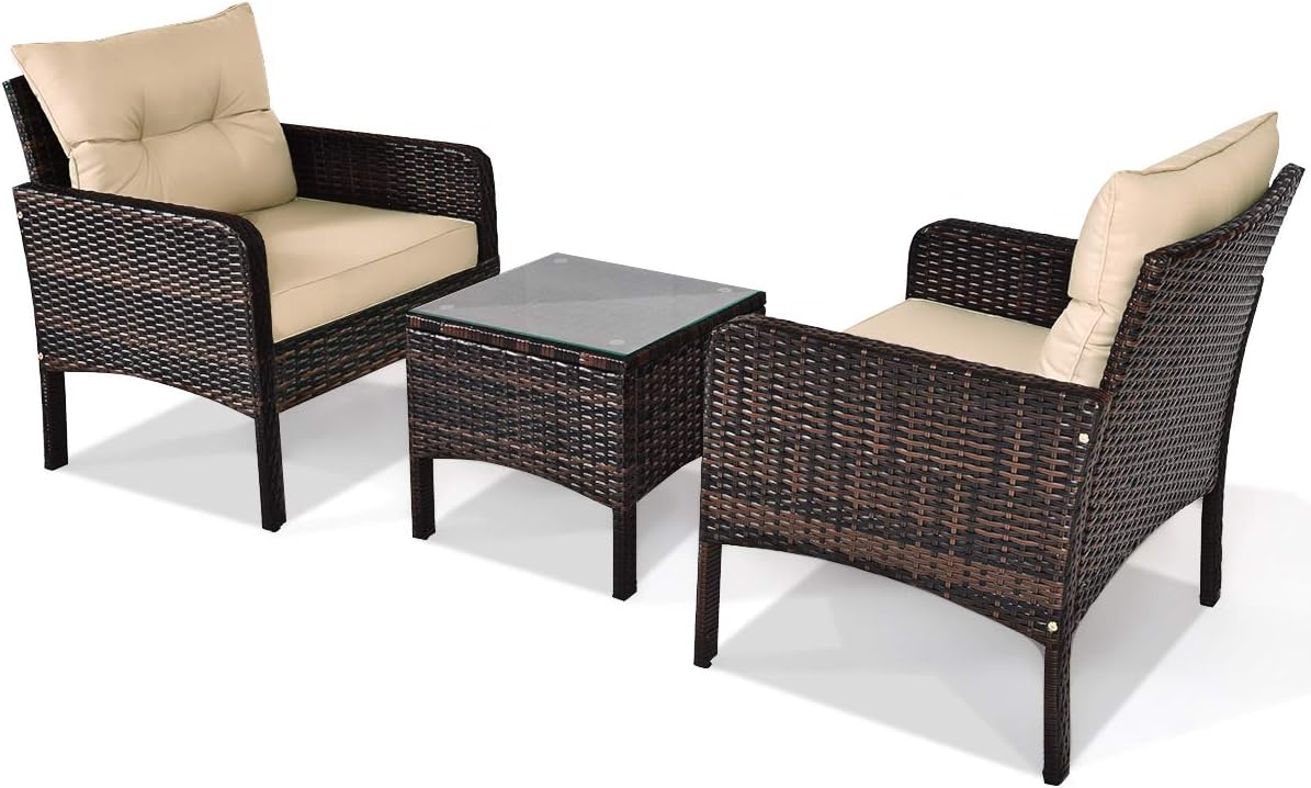 Tangkula 3 Piece Outdoor Patio Furniture Set, Wicker Chairs Set with Glass Top Coffee Table, Thick Cushions