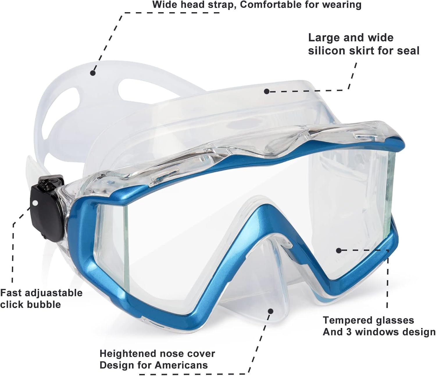 Adult Pano 3 Scuba Diving Mask, Tempered Glass Snorkel Mask Anti-Fog Swim Mask No Leakage Swim Goggles with Nose Cover Snorkeling Gear for Snorkeling
