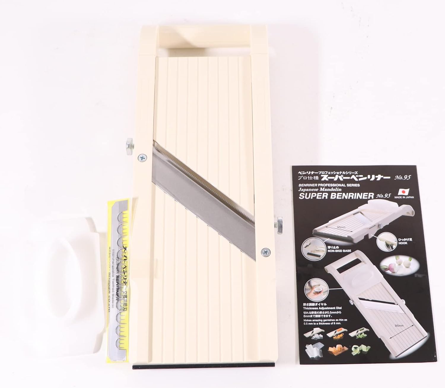 Benriner Mandoline Slicer with 4 Blades, Japanese Stainless Steel, BPA Free, 12.75 x 3.625-Inches, Beige