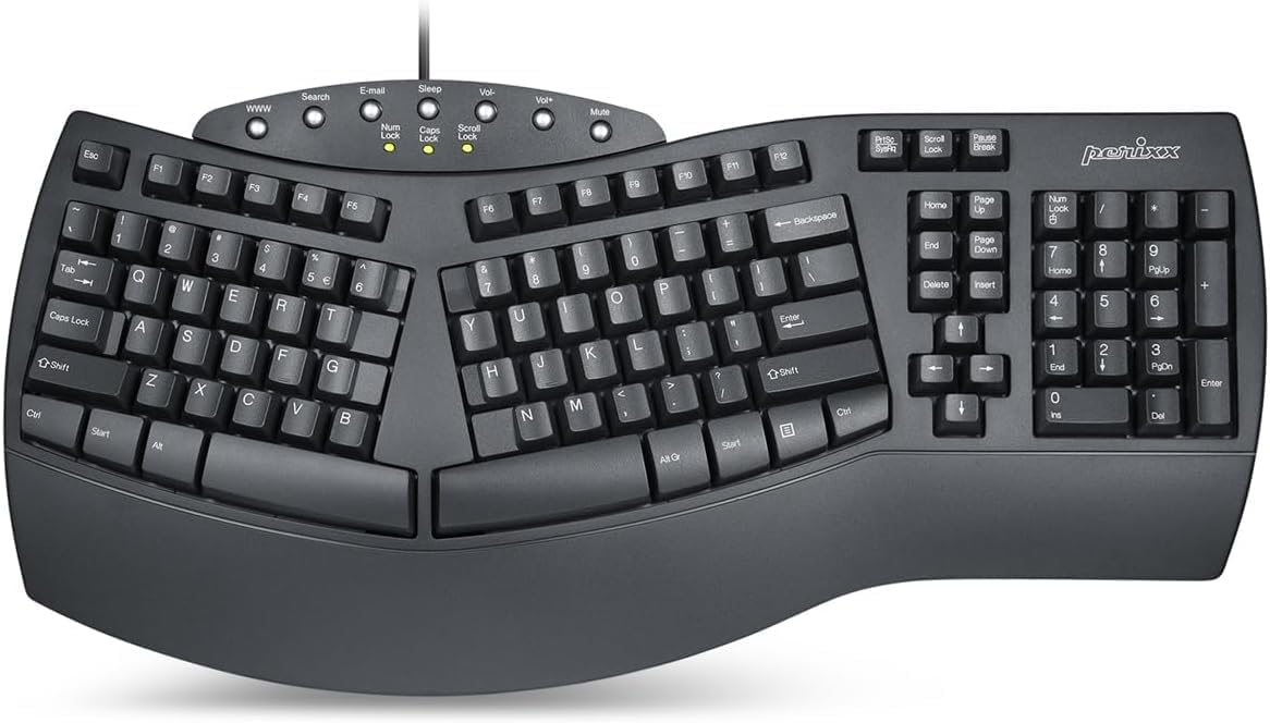 Perixx PERIBOARD-512B Wired Ergonomic Keyboard - Split Keyboard, Wrist Rest, Natural Typing - Wired USB Connectivity - US English - Black