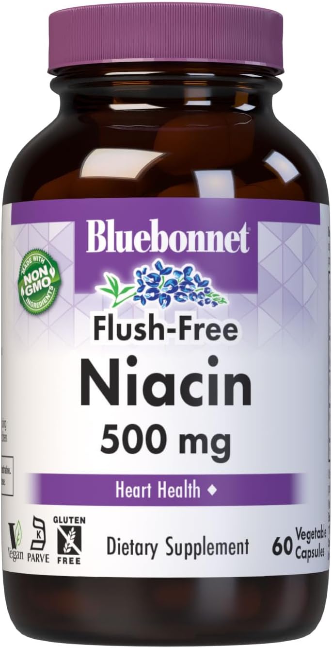 Bluebonnet Nutrition Flush-Free Niacin 500mg, for Nutritional Cardiovascular Support*, Soy-Free, Gluten-Free, Non-GMO, Kosher Certified, Dairy-Free
