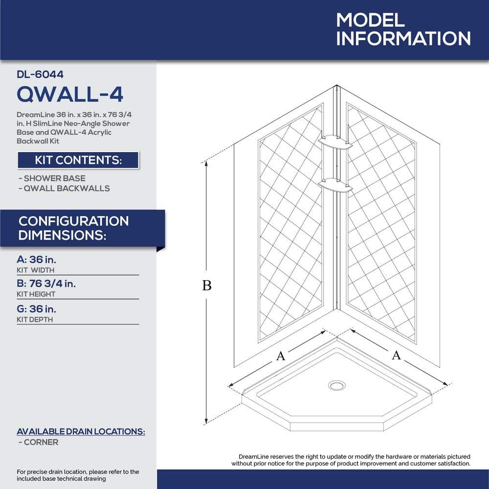 DreamLine 36 in. x 36 in. x 76 3/4 in. H Neo-Angle Shower Base and QWALL-4 Acrylic Corner Backwall Kit in White, DL-6044C-01