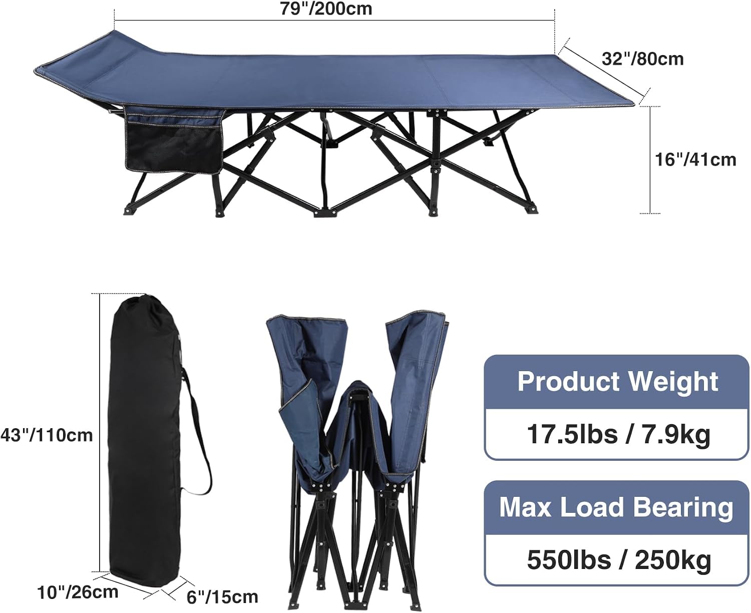 REDCAMP Oversized Camping Cots for Adults 500lbs, 33.5'' Extra Wide Tall Sleeping Cots Heavy Duty, XL Cots Portable for Outdoor Indoor Office