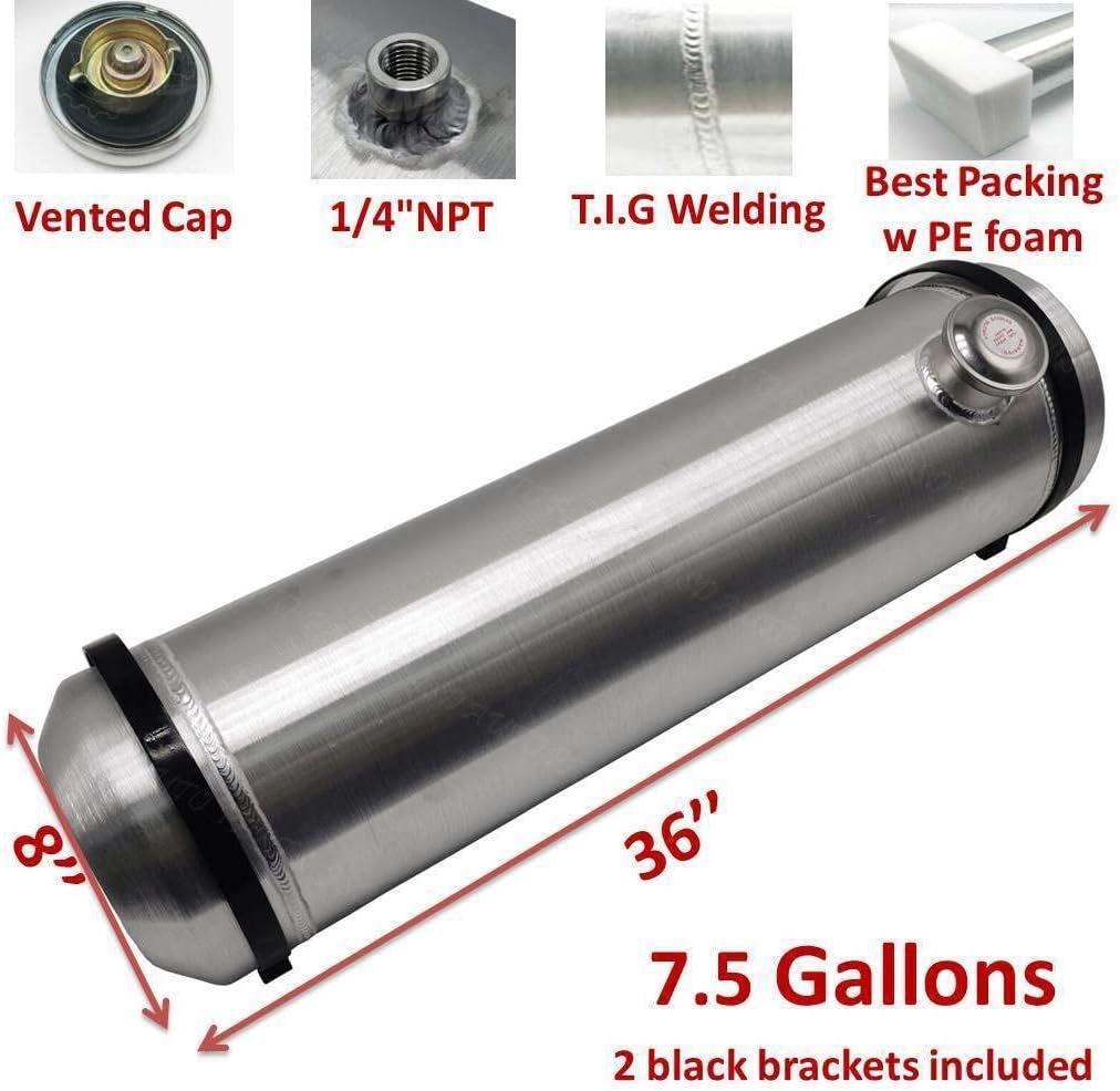 JSD 5 Gallons 8”x24“ Aluminum Spun Round Fuel Gas Tank Cell Fuel Tank with Bracket End Fill 1/4" NPT Outlet
