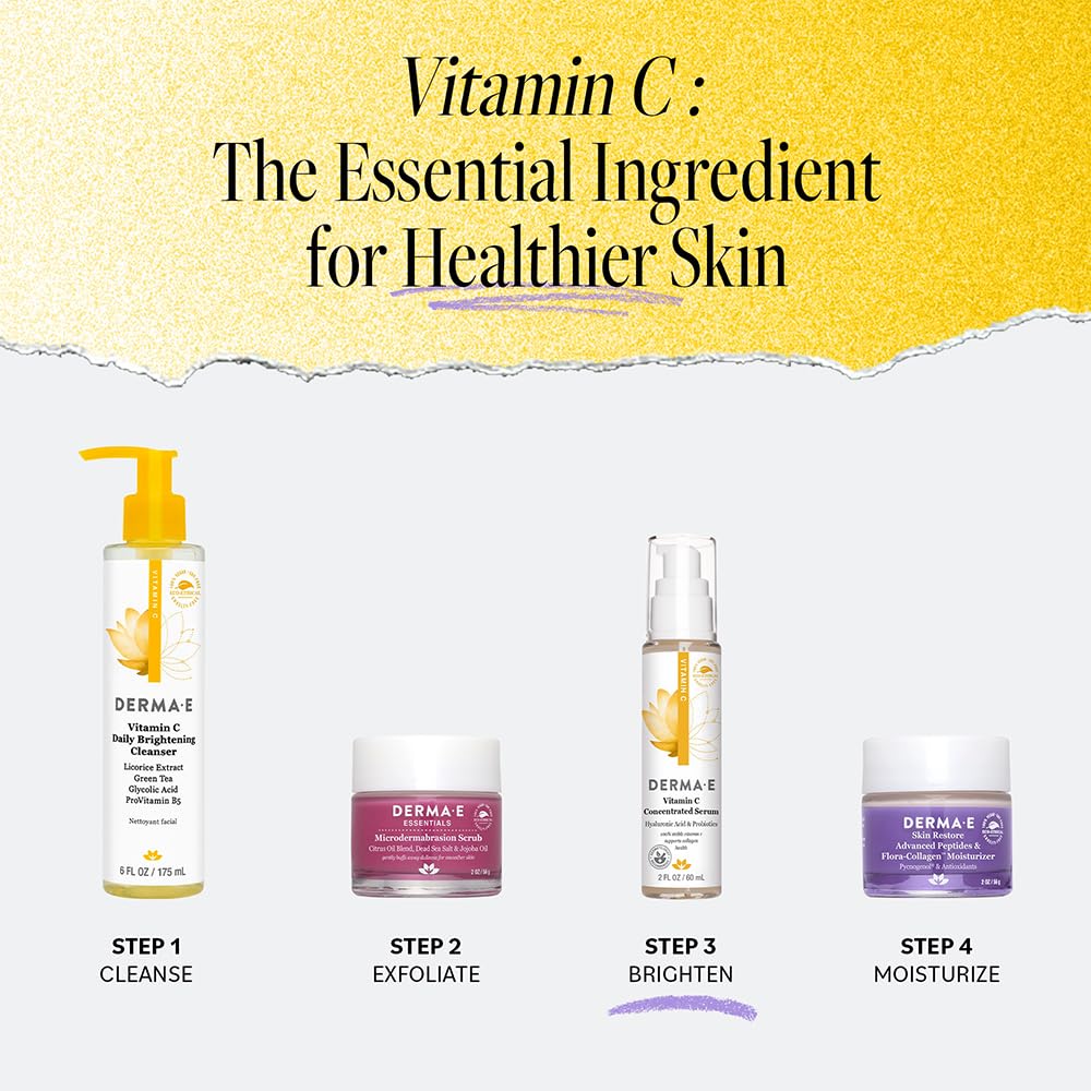 DERMA E Vitamin C Concentrated Serum, 2 Oz, with Hyaluronic Acid, Vitamin E & Aloe, All Natural, Antioxidant-Rich Concentrated Formula