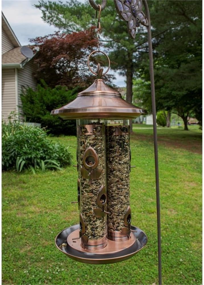 Triple Tube Deluxe Bird Feeder, Metal and Plastic Construction, Warm Copper Finish, 9 Feeding Ports with Perches, Hanging Cable System