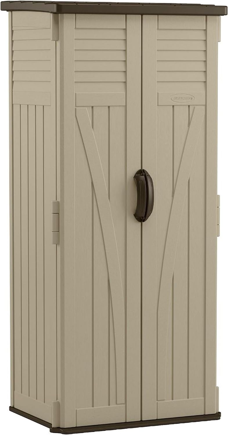Suncast Vertical Shed, Compact Outdoor Storage System, 22 Cu. Ft. Capacity, Sand & Mustang - Lockable Multi-Wall Resin Organizer for Long-Handle Tools