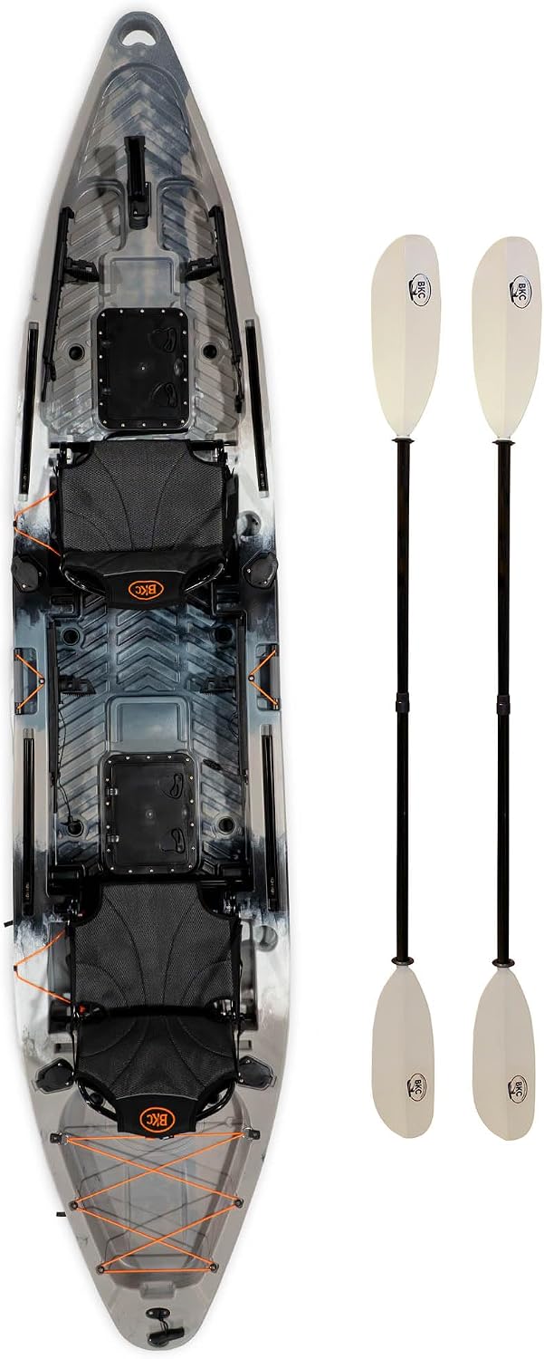BKC Brooklyn 13.0 Pro Tandem Fishing Kayak, 2 to 3 Person | 800 lb capacity, adjustable frame seats, large dry storage, rod holders, stable wide hull, tandem or solo paddling
