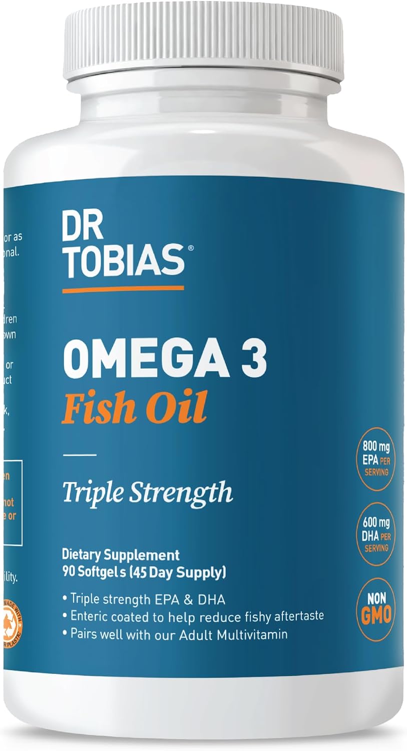 Dr. Tobias Omega 3 Fish Oil 2000mg Triple Strength | 180 Softgels | Heart, Brain & Joint Support | 2,000 mg Fish Oil | 800 mg EPA + 600 mg DHA | Delayed Release Omega 3 Supplement | 90 Servings