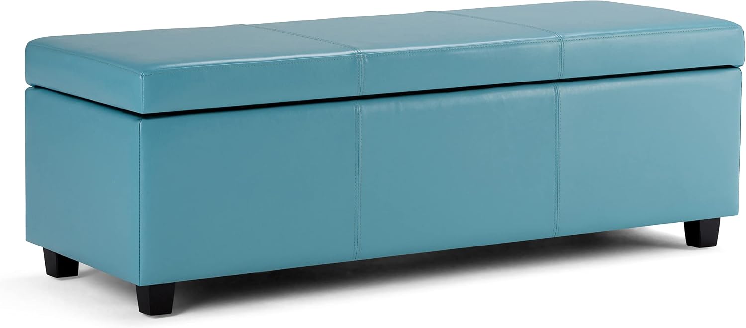 SIMPLIHOME Avalon 54" Wide Linen Look Fabric Storage Ottoman in Slate Grey | Contemporary lift-top ottoman with high-density foam