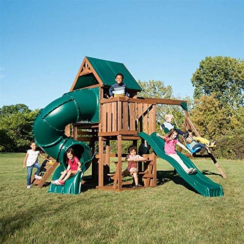 Swing-N-Slide WS 8359 Tellico Terrace Wood Swing Set with Two Slides, Climbing Wall & Swings, Brown