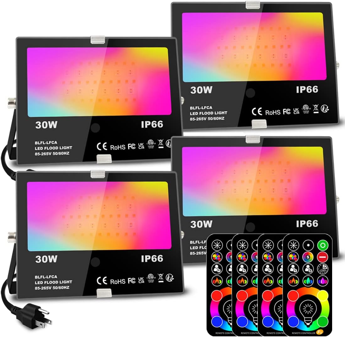 Led Flood Light Outdoor 30W, 300W Equivalent, Color Changing RGB Lights | Remote Control, 120 RGB Colors, Warm White 2700K, Timing, Custom Mode, Uplight Landscape Lights,IP66 US 3-Plug (2 Pack)