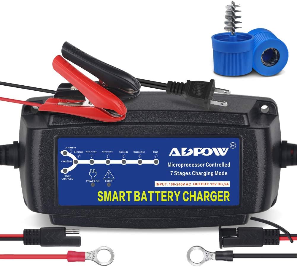 5A 12V Automatic Smart Battery Charger Automotive Maintainer 7-Stages | Trickle for Deep Cycle Car Marine Trolling Motor Boat Truck Lawn Mower RV