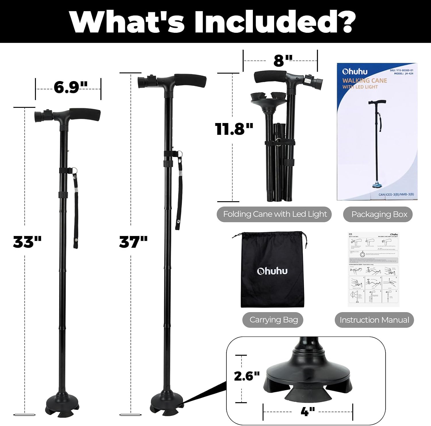 Walking Cane for Men Women: Ohuhu Walking Canes with LED Light Folding Walking Stick Adjustable Free Standing Canes with Wrist Strap Travel Bag for Seniors Adults