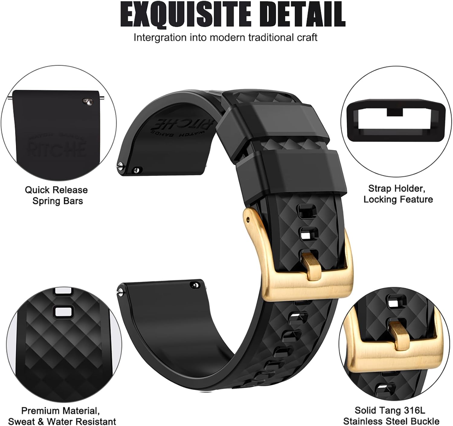 Ritche Christmas Gift Silicone Watch Bands 18mm 20mm 22mm 24mm Quick Release Rubber Watch Bands for Men, White Elephant Gifts