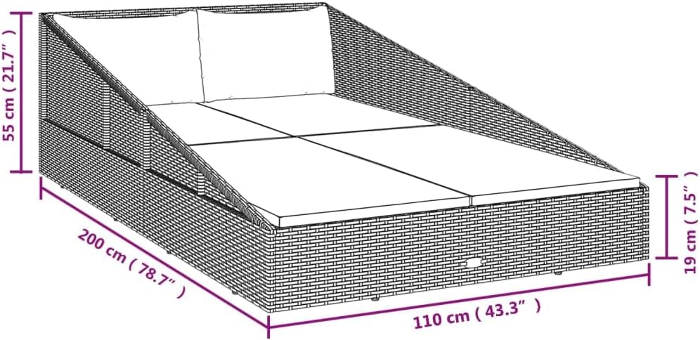 vidaXL Patio Bed Gray 43.3"x78.7" Poly Rattan