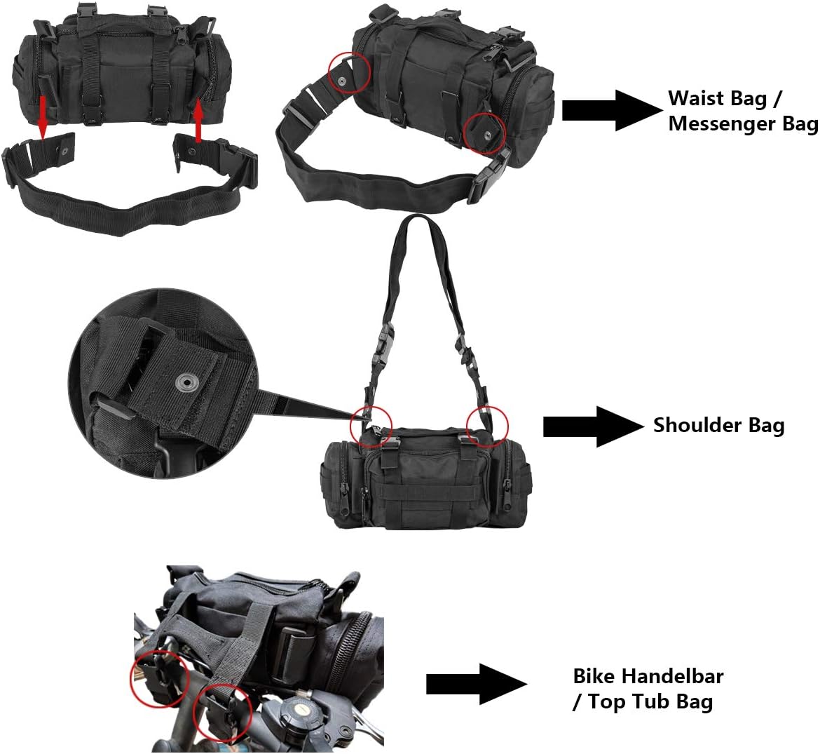 BraveHawk OUTDOORS Bike Handlebar Bag, 900D Nylon Oxford Multi-purpose Waist Bag Water Resistant Bicycle Cycling Pack (Black)