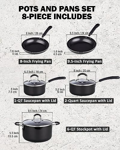 Cook N Home 8-Piece Nonstick Pot and Pan Set with Lid Induction Compatible | Cookware Set Includes Saucepan with Lid, Stockpot with Lid, Frying Pan, Kitchenware set Non Stick, Black