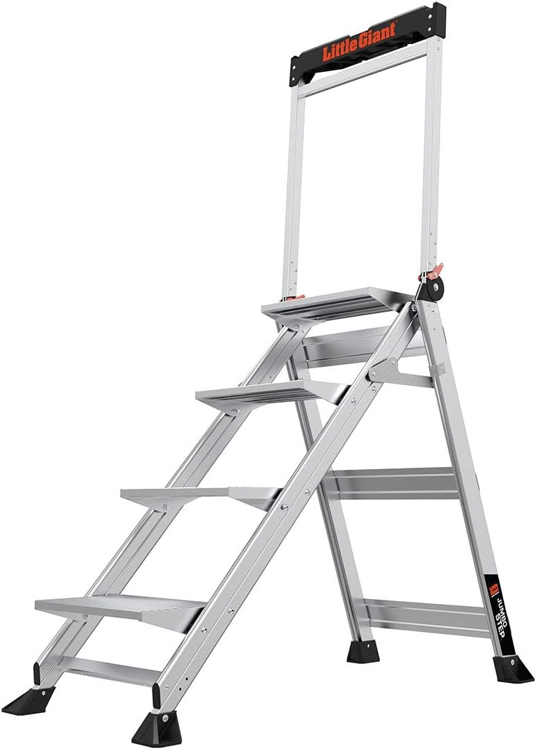 Little Giant Jumbo Step 3-Step Foldable 2.2 ft Aluminum Stool, 11903 | Foldable Aluminum Step Stool, Extra-Wide Stair-Like Treads, Rotating Handrail, Tool Tray, 375 lbs. Weight Capacity