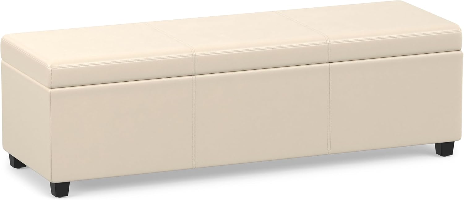 SIMPLIHOME Avalon 54" Wide Vegan Leather Storage Ottoman in Tanners Brown