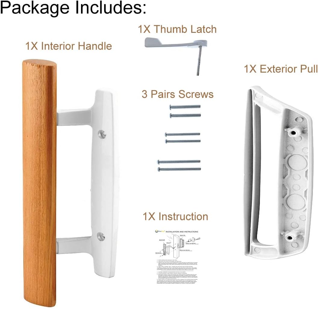Mortise Style Reversible Sliding Patio Door Handle Set with Oak Wood Interior Handle and Exterior Pull in White Diecast Finish Fits 3-15/16” Screw