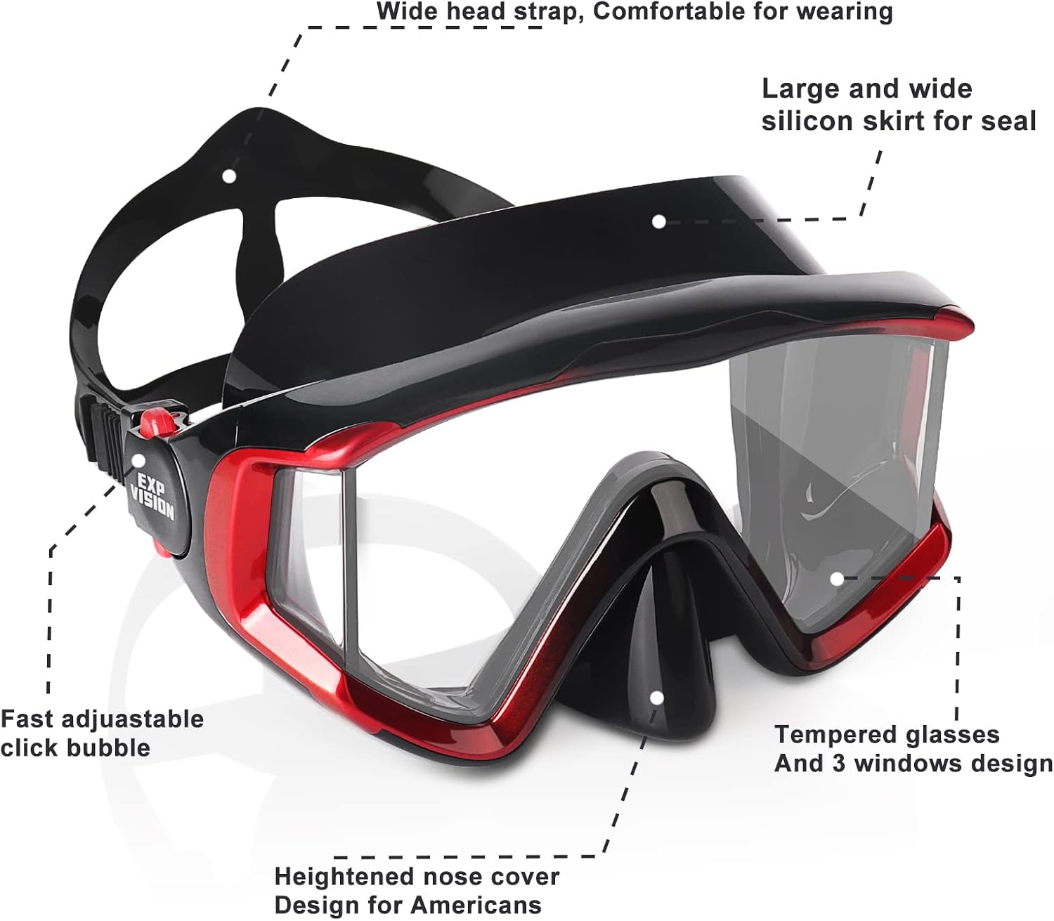 Adult Pano 3 Scuba Diving Mask, Tempered Glass Snorkel Mask Anti-Fog Swim Mask No Leakage Swim Goggles with Nose Cover Snorkeling Gear for Snorkeling
