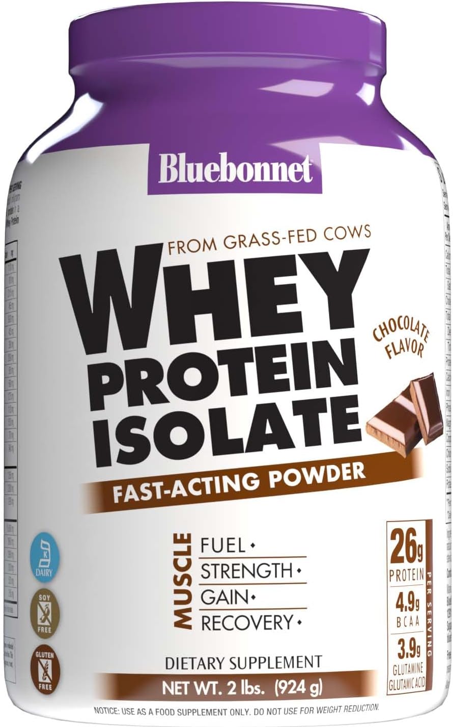 Bluebonnet Grass Fed Whey Protein Isolate 26 g Energy & Workout Recovery BCAA Amino Acids - Gluten-Free, Non-GMO